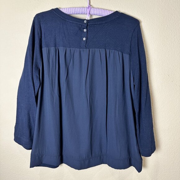 LOFT Navy Wide Arm Back Button Mixed Media Sweater Top Size Large - Picture 6 of 7
